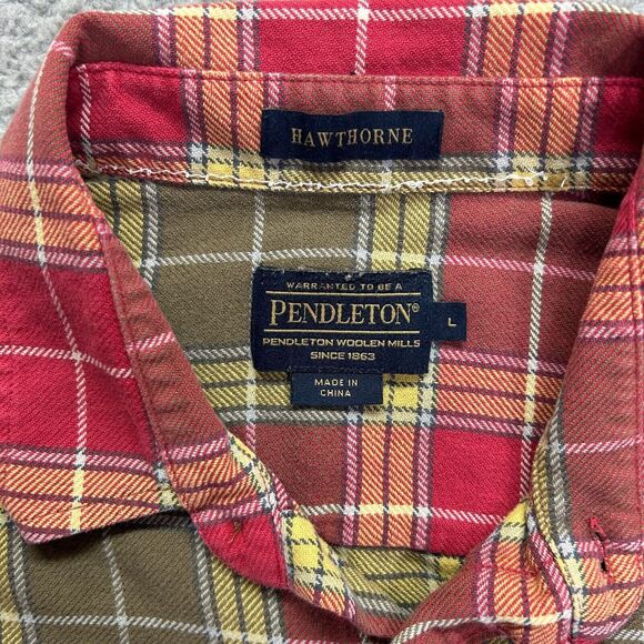 Pendelton Hawthorne Mens Flannel Elbow Patches Red Green Plaid Size Large - Picture 3 of 4